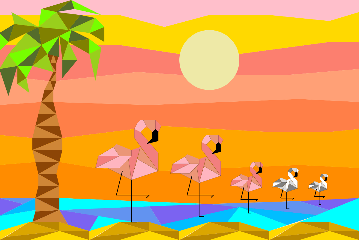 A beach scene with flamingos that change size and color next to a palm tree.