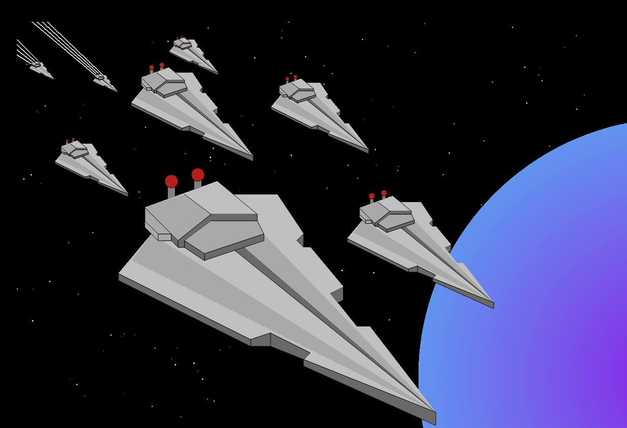 Several Star Destroyers descending on a blue and purple planet.