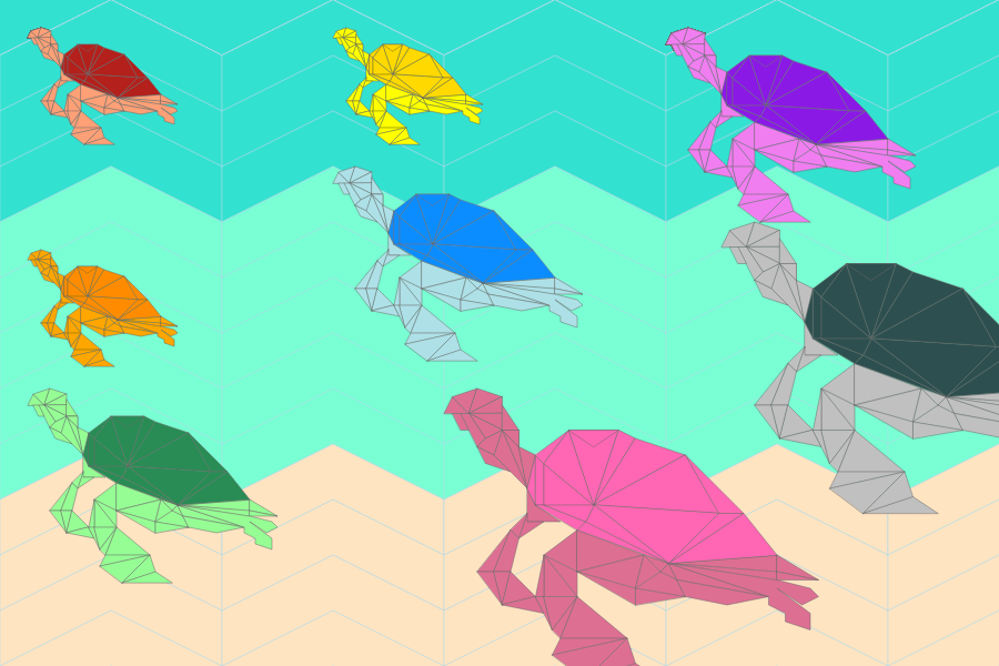 Several sea turtles of different colors swimming in the ocean.