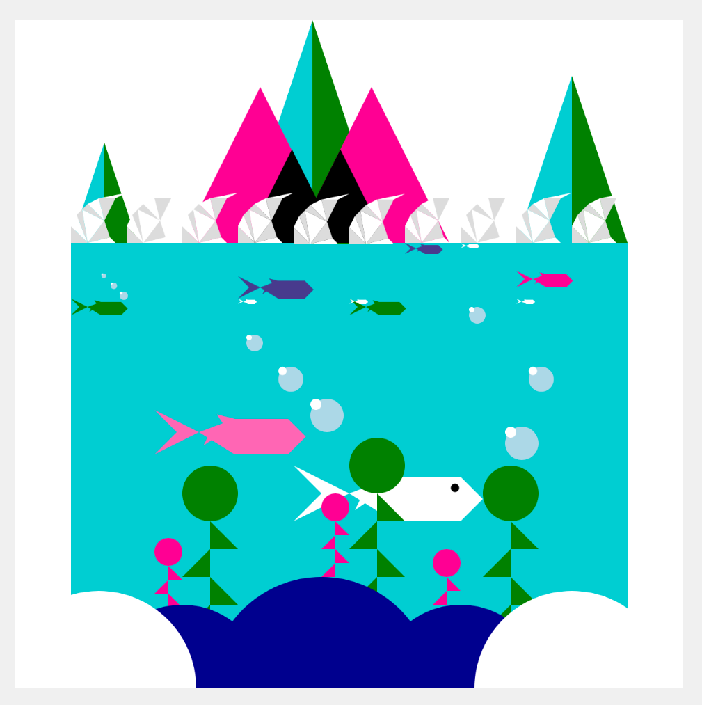 Pink, white, blue, and green geometric shapes forming an image of fish swimming in water overlooked by trees.