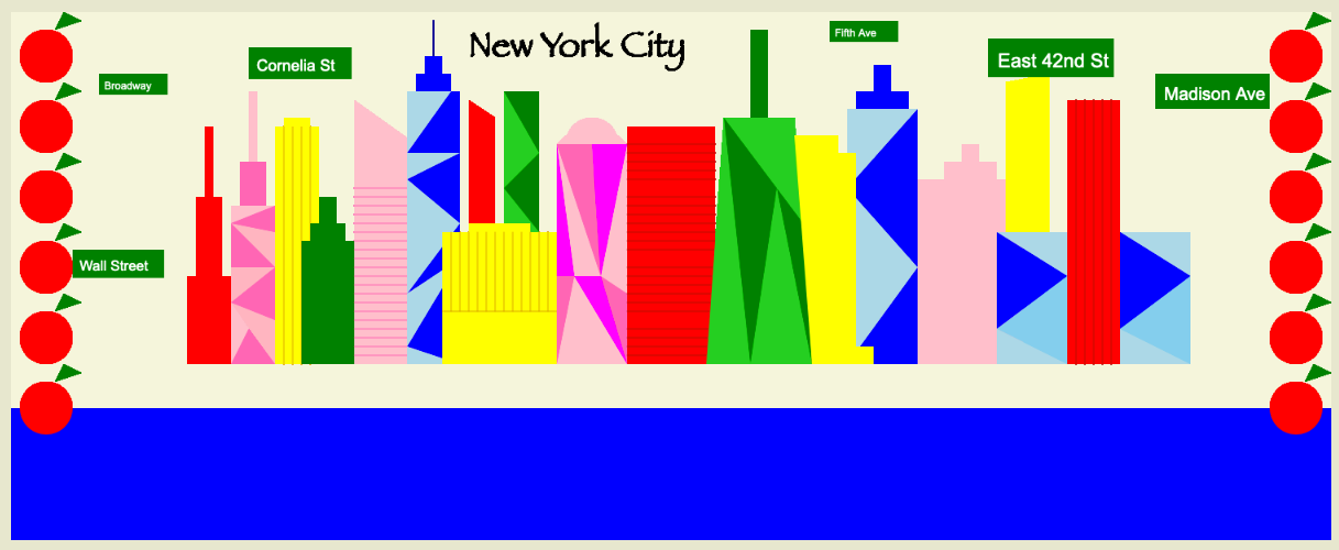 Multicolored geometric shapes forming an image of the new york city skyline, surrounded by signs for "Broadway," "Cornelia St," "Wall Street," "Fifth Ave," "East 42nd St," and "Madison Ave"