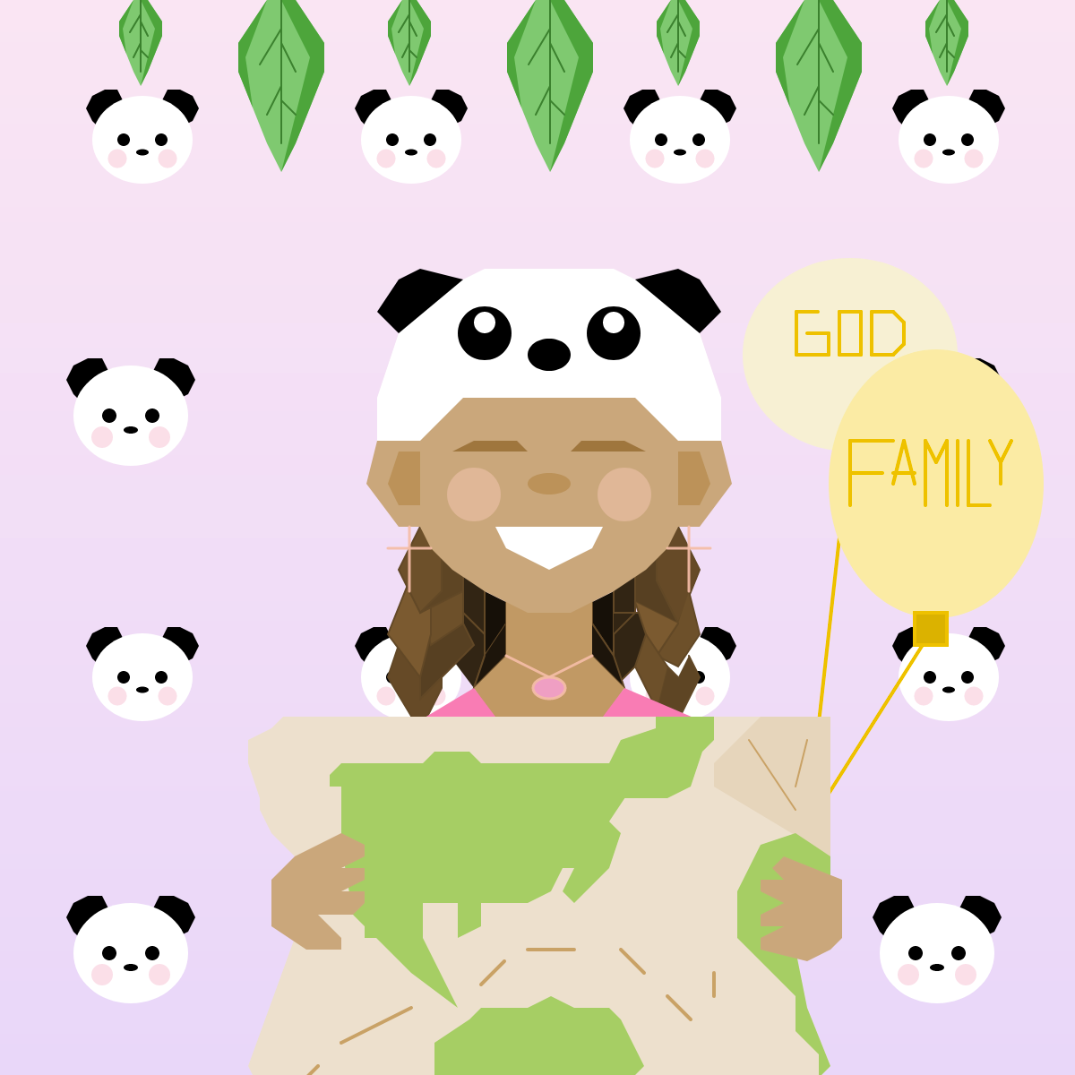 A brown-skinned smiling girl wearing a panda hat, holding a world map and ballons labeled "God" and "Family." She is surrounded by panda faces and leaves on a pink background.