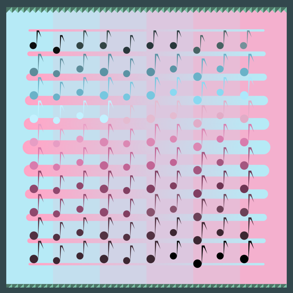 Lines of gradient black, blue, and pink music notes on a gradient pink and blue background.