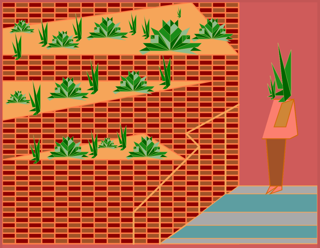 An abstract image of a person with green spikes for a head looking at spiky green plants of a similar design.