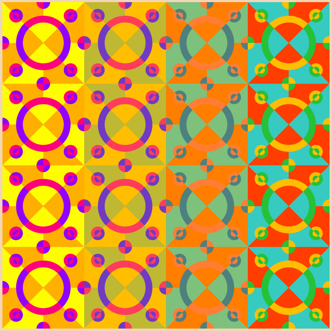 Brightly colored orange, purple, and teal circles and triangles in a repeating pattern.