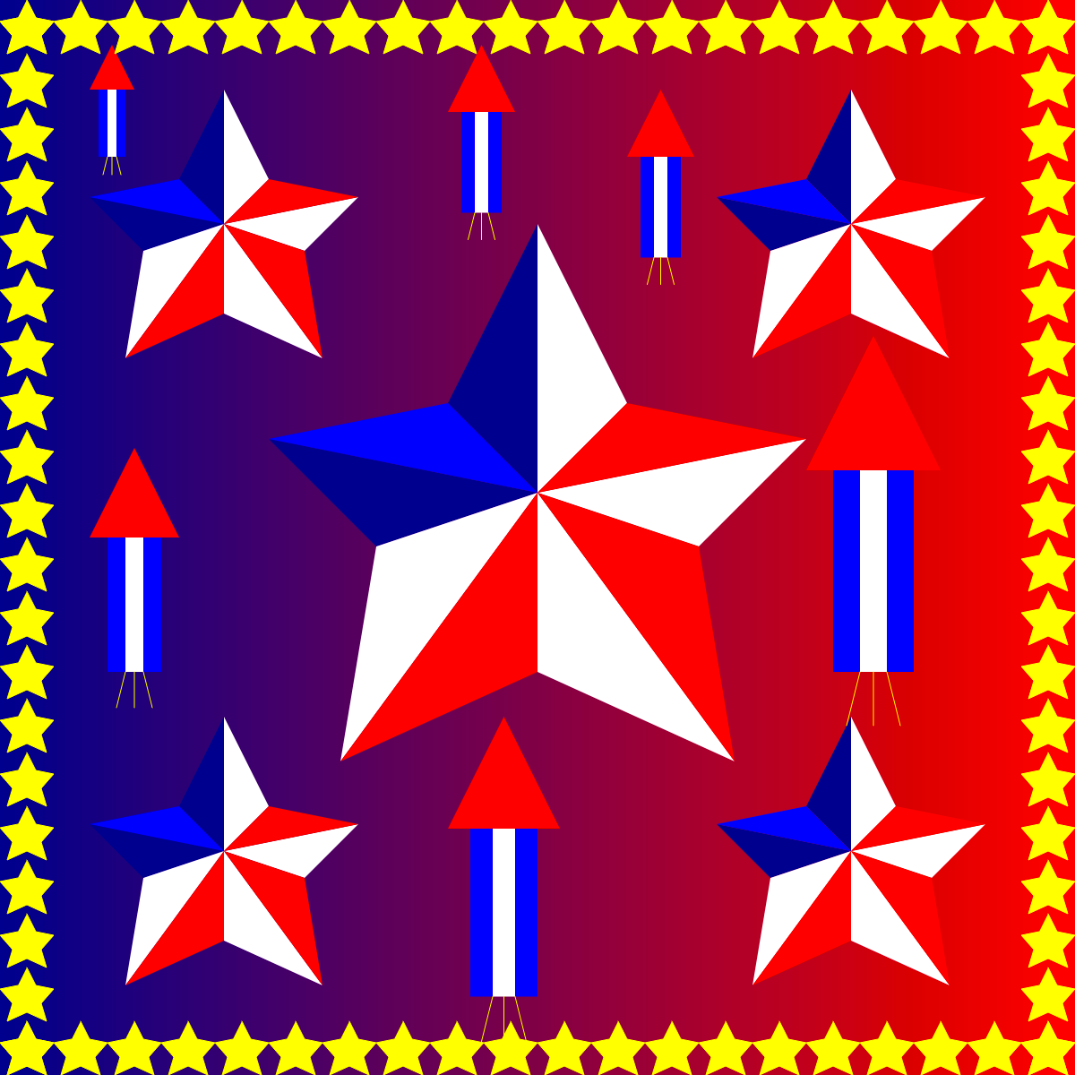 Red-and-white-striped stars and firework rockets on a gradient red and blue background, surrounded by yellow stars.