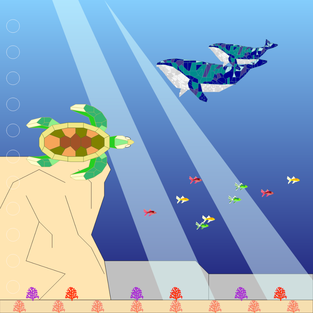 A sea turtle, two whales, and a school of small fish swim past an underwater cliff and rows of coral. Rays of light beam down from above.
