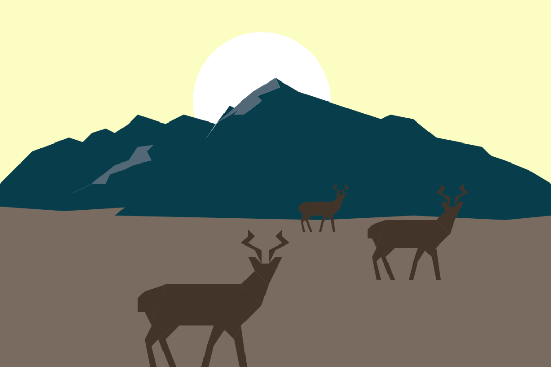 Three deer stand in front of a dark mountain backed by the sun.