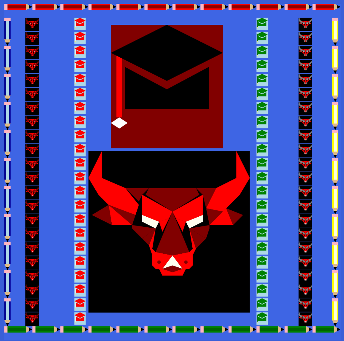 A large image of a graduation cap and the Mavericks mascot, surrounded by smaller copies of the same images in different color pallets, boarded by different colors of pencils.