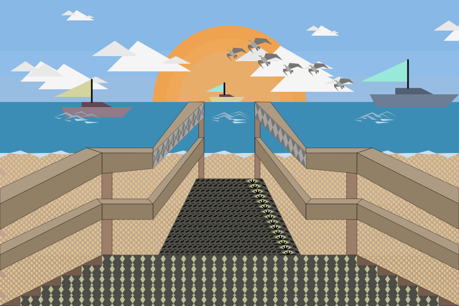 A scene looking down a boardwalk at a beach, while sailboats pass and a flock of birds flies in front of the sun.