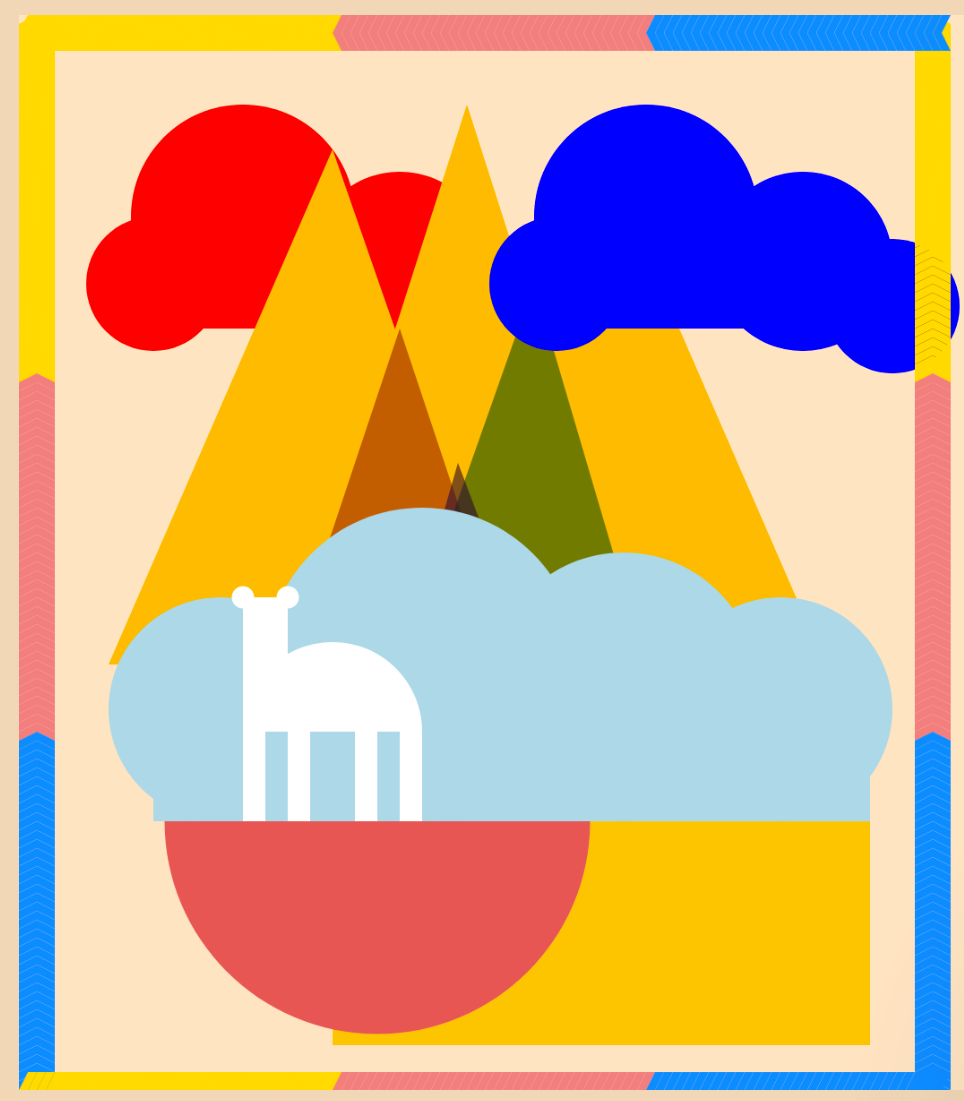 Multicolored blocks of geometric shapes foming a white quadrupedal animal standing in front of mountains and clouds.