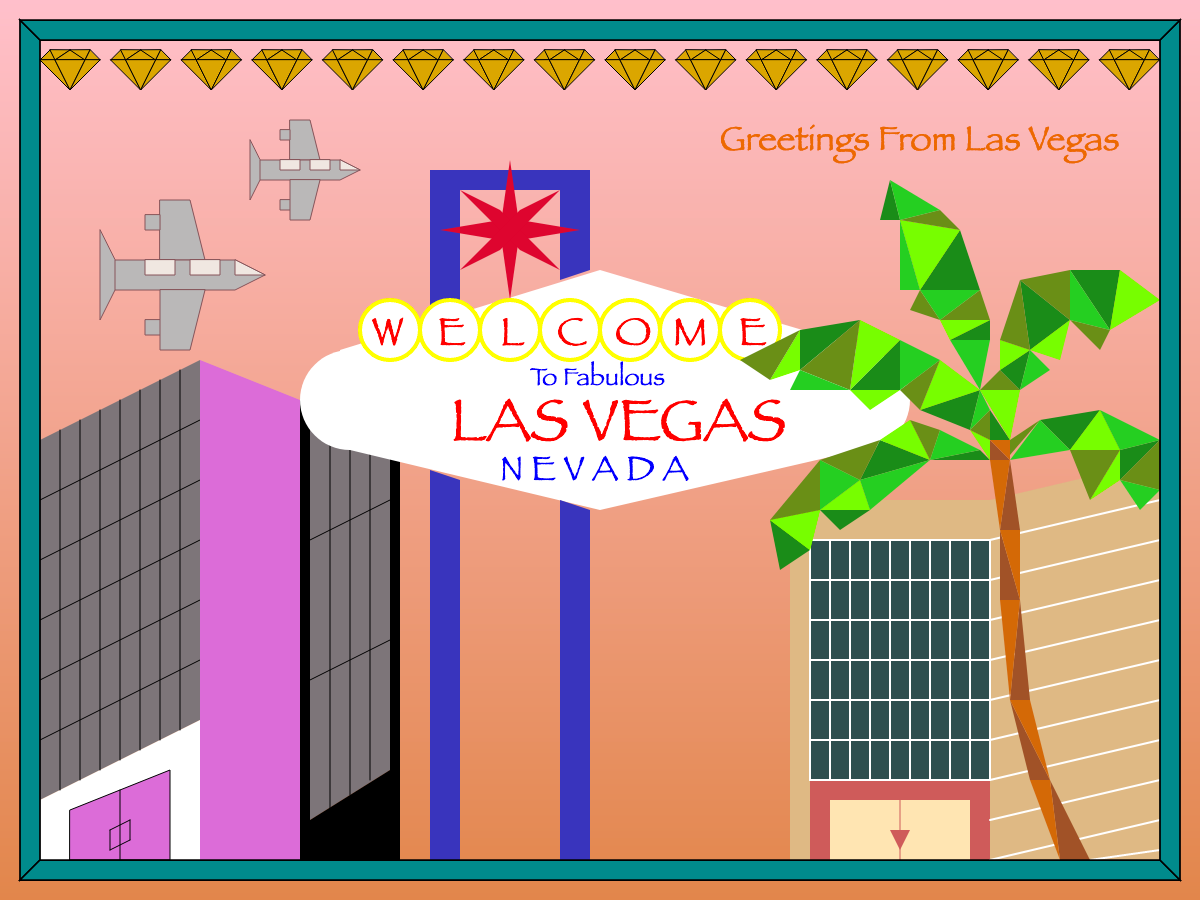 A postcard-style image that reads "Greetings from Las Vegas," showing the "Welcome To Fabulous LAS VEGAS NEVADA" sign, a palm tree, several skyscrapers, planes, and diamonds.