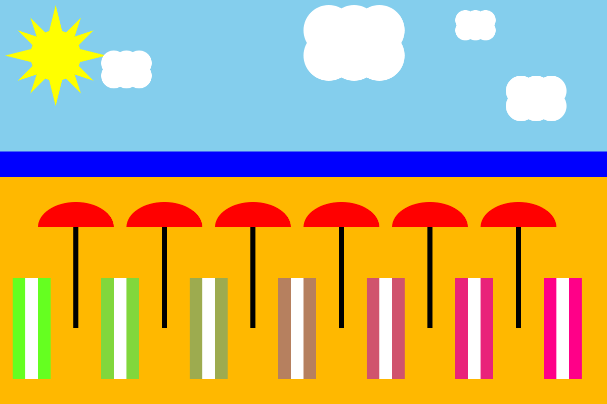 Red umbrellas and multicolored towels laid out in a neat row on a sunny beach.
