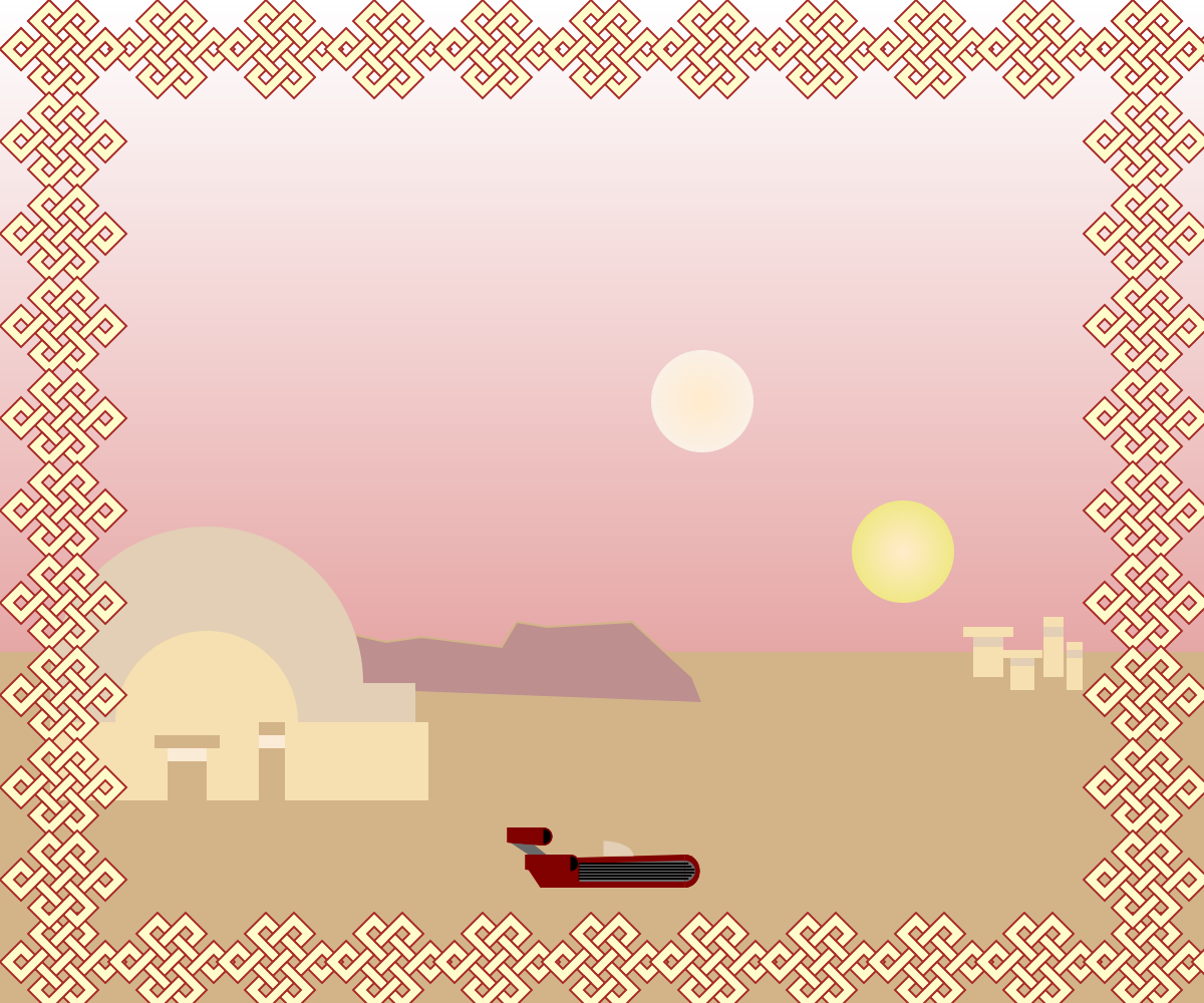 A scene of Luke's home on Tatooine, with his landracer in the foreground and two suns in the sky.