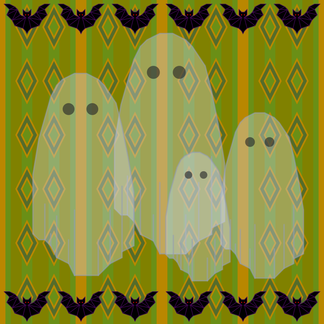 Four translucent ghosts in front of a green diamond-patterned wall, bordered by bats.