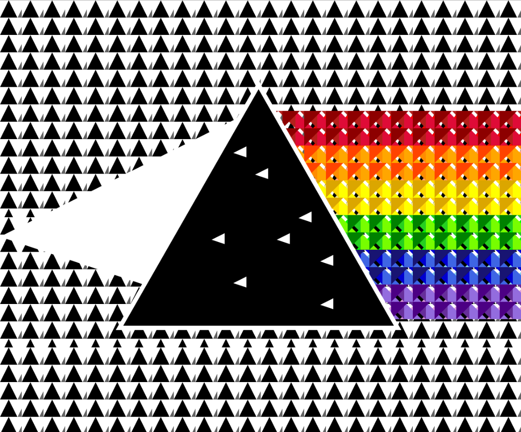 A stylized image of "The Dark Side of the Moon" album cover made up of black and white and multicolored triangles.