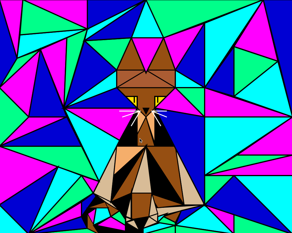 A mosaic-style picture built of triangles making up a brown cat against a background of bright colors.