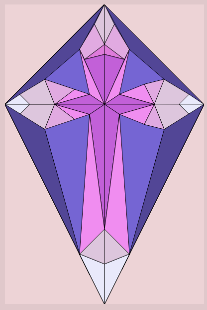 A mosaic-style image built of triangles showing a pink and white cross on a pink and purple background.