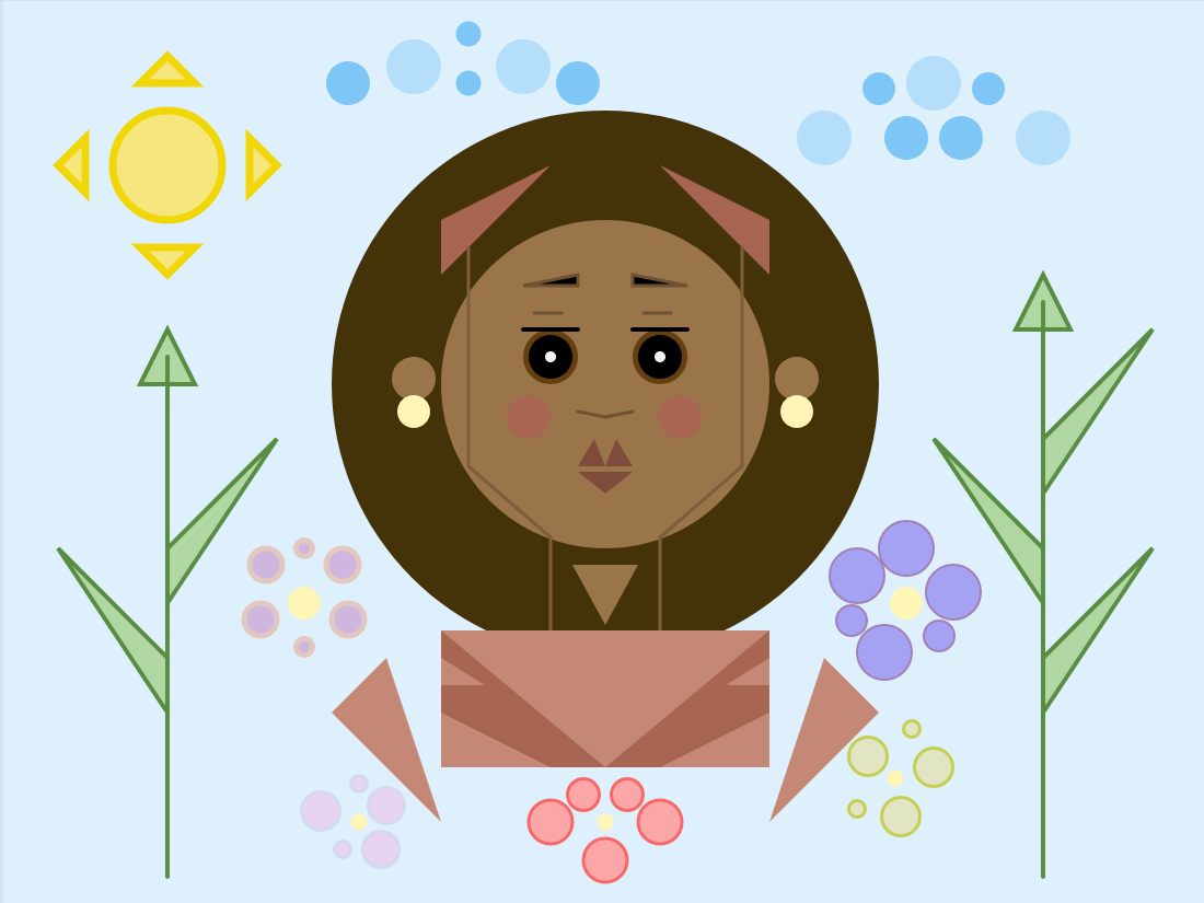 A mosaic-style image built of triangles and circles, showing a black woman with an afro surrounded by flowers.