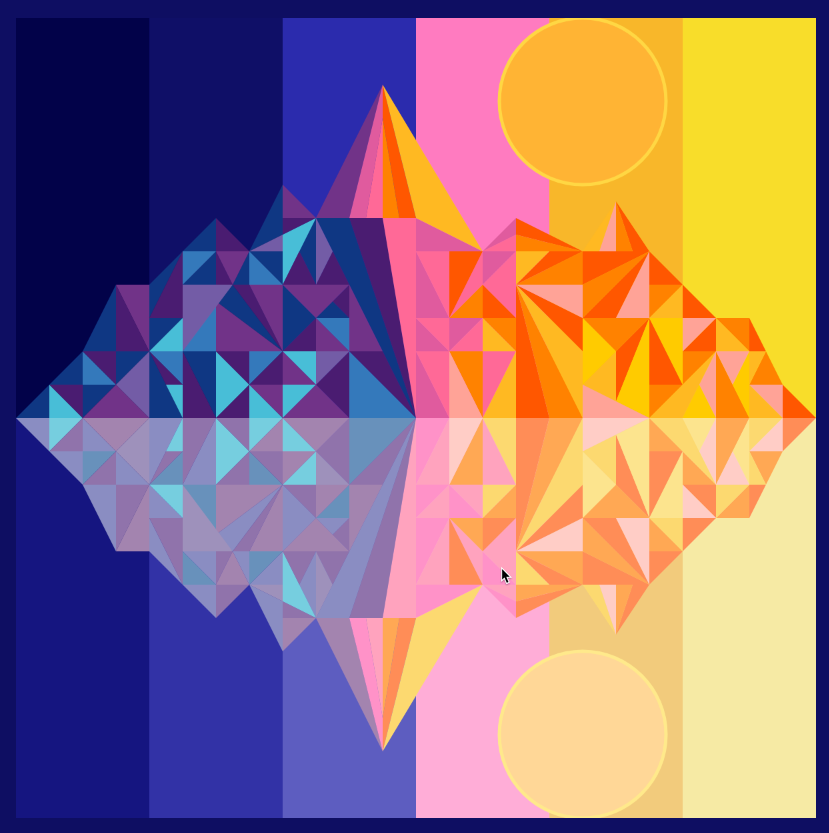 A mosaic-style image showing many triangles and two circles fading from purple to pink and yellow, evocative of a sunset.