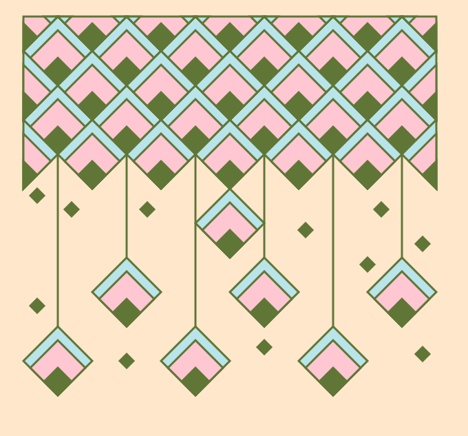 A mosaic-style wall of pink and green triangles, some of which break off and hang down over a tan background.