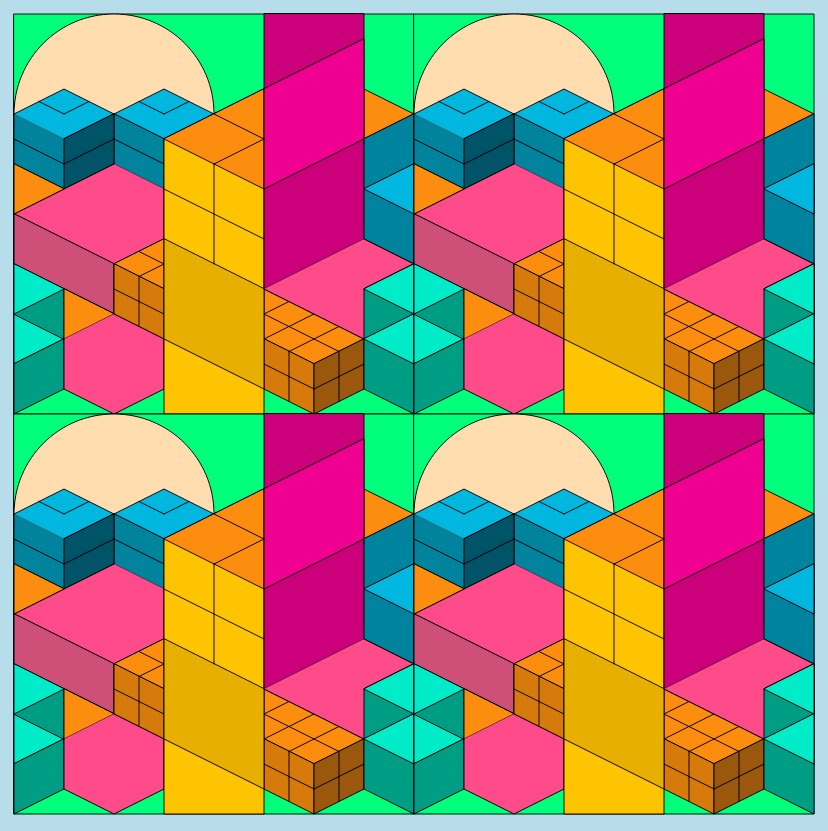Four copies of the same image. Pink, blue, yellow, orange, green, and turquoise squares and triangles are arranged to look like 3D blocks stacked on top of each other with a tan semicircle rising over the top.