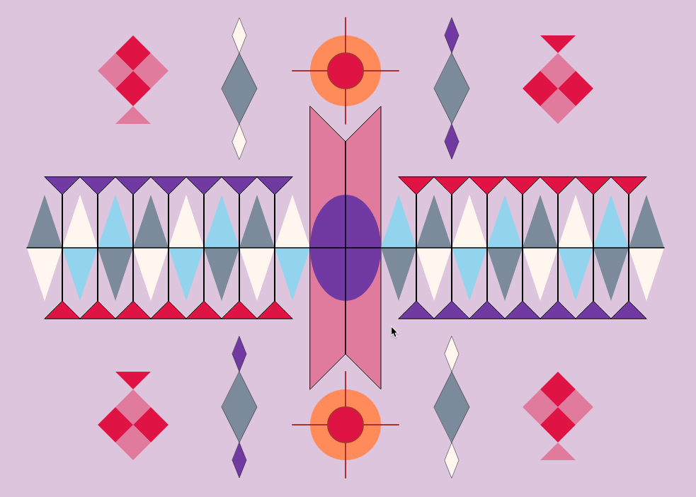 Triangles and circles of pink, blue, white, red, purple, and orange laid out in a regular but abstract pattern.