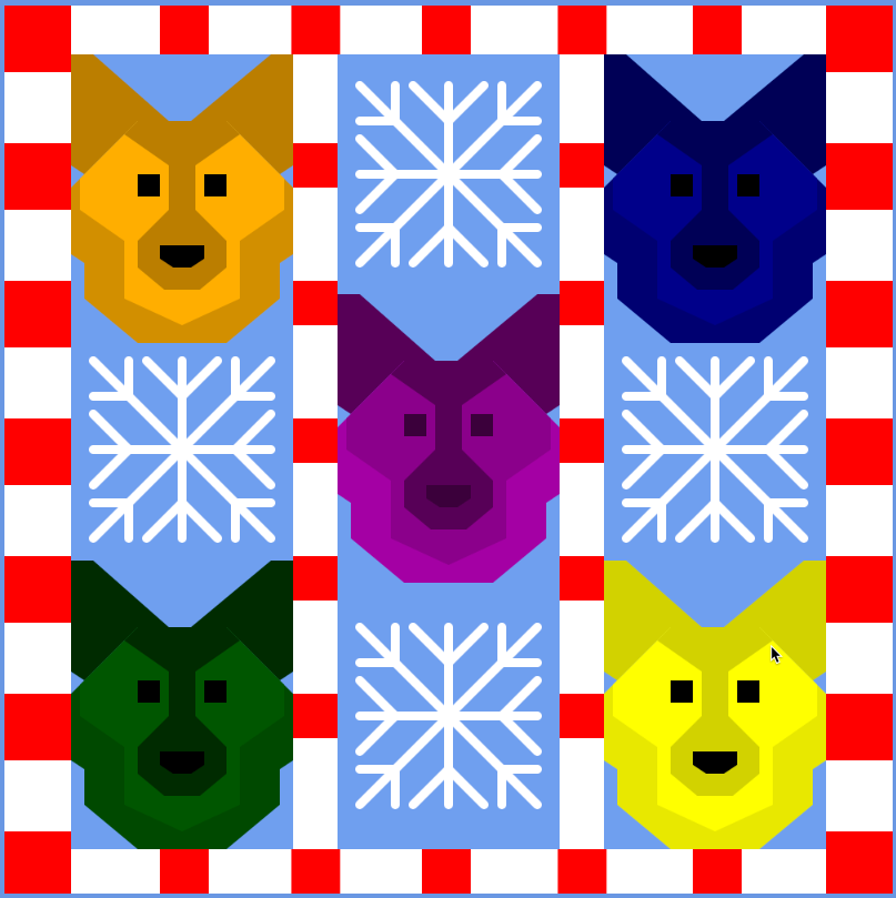 Angular images of 5 wolf faces in orange, yellow, purple, green, and blue laid out in a grid interspersed with large snowflakes, all bordered in red-and-white stripes.