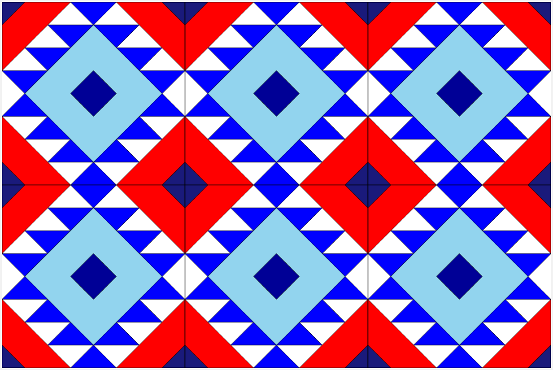 A mosaic-style image of two-toned blue squares surrounded by blue and white triangles, all surrounded by a red stripe.