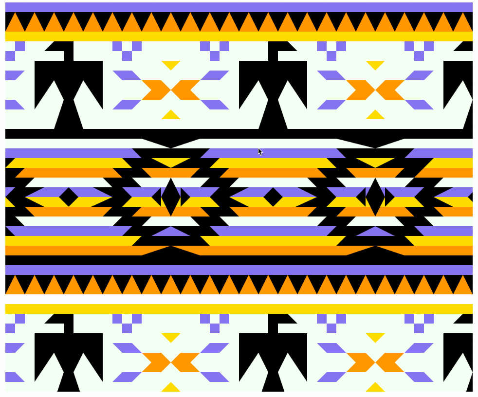 A mosaic-style image in white, black, purple, organe, and yellow showing stripes, birds, and geometric patterns. It is evocative of native american art.