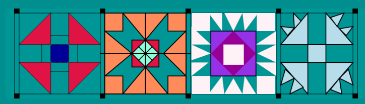 A rectangular, mosaic-style image showing many colored triangles that form patterns in 4 squares, all set on a green background.