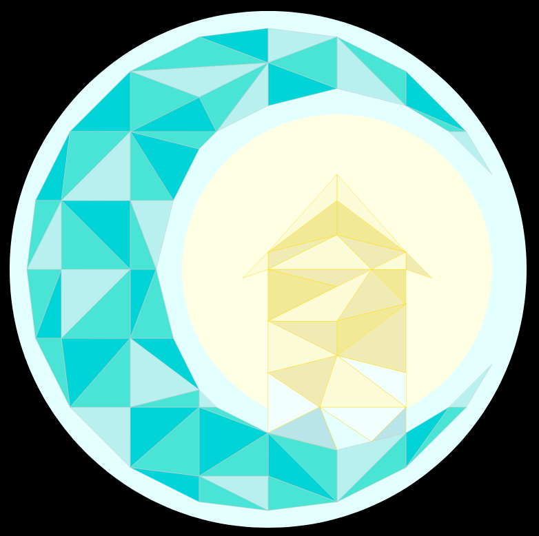 A mosaic-style image of triangles making up a light blue crescent moon enclosing a yellow circle and large upward-facing arrow made of yellow triangles. All set on a black background.