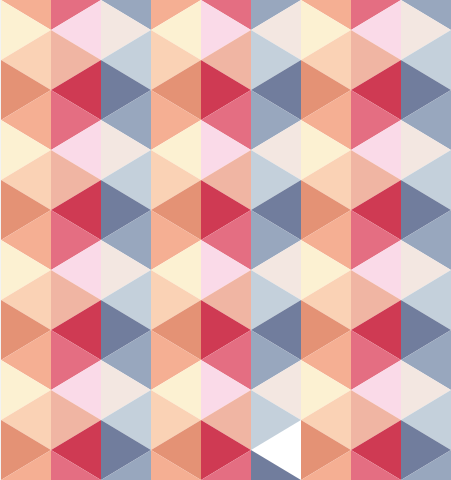 A mosaic-style pattern of vertical paralell orange, red, and blue stripes made up of triangles of different tones.