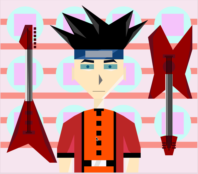A mosaic-style picture of a boy in an orange shirt with spiky black hair and a blue headband, flanked by two red electric guitars, in front of a background of pink and blue geometric patterns.