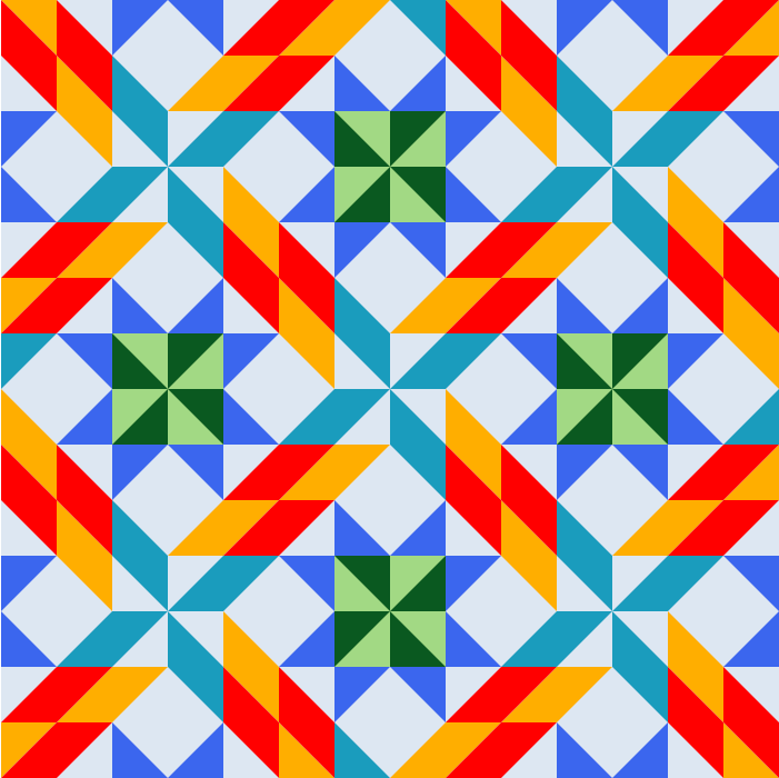 A mosaic-style picture made of triangles. They form a repeating pattern of blue and green flowers broken up by red, orange, and blue lines.
