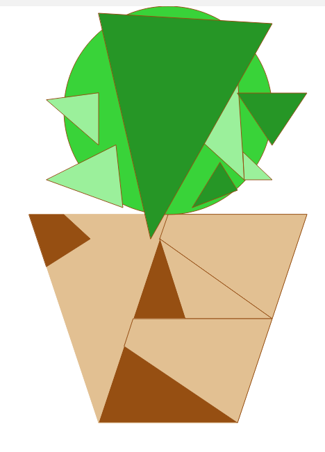 Light and dark green triangles laid at odd angles over a large lime green circle, all over a trapezoid of light and dark browns.
