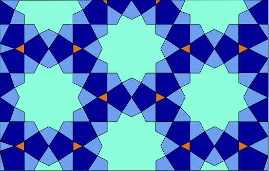 A mosaic-style image of a repeating pattern of bright blue flowers or suns made of triangles, connected by small orange triangles.