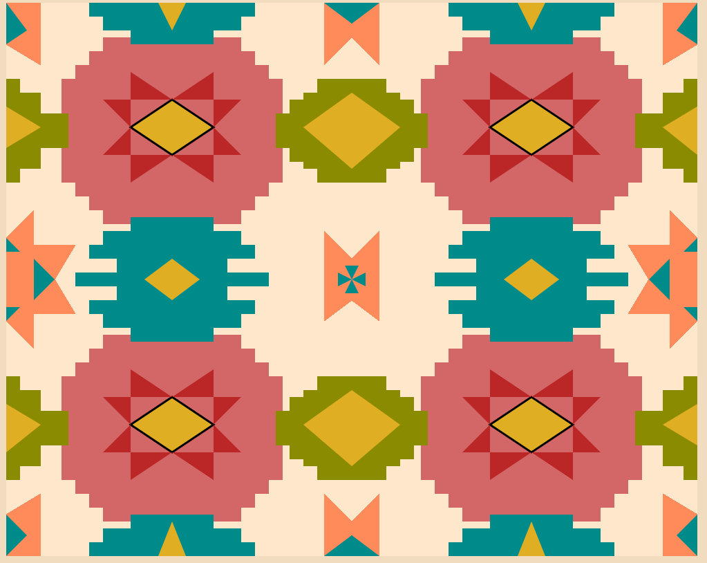 A mosaic-style image of red, green, orange, and turquiose geometric patterns evocative of flowers laid out in lines on a tan background.