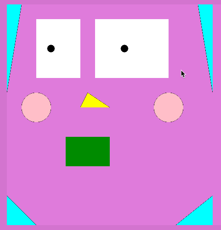 A square pink face with large recangular eyes, a recangular green mouth, a triangular yellow nose, and triangular blue hair.