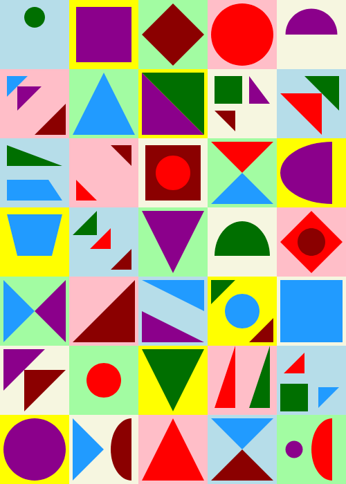 A primary colored mosaic of many different geometric shapes enclosed in squares.