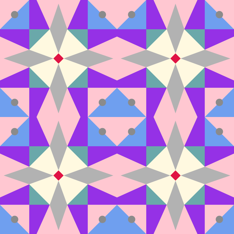 A mosaic-style image of white, gray, pink, purple, blue, green, and red geometric shapes forming alternating tiles.