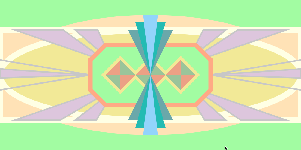 An art deco-style mosaic image of blue triangles appearing to shoot out of a pasel-colored green, yellow, and orange tiled background.