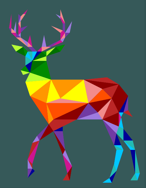 A mosaic-style image of an antlered deer made of rainbow triangles.