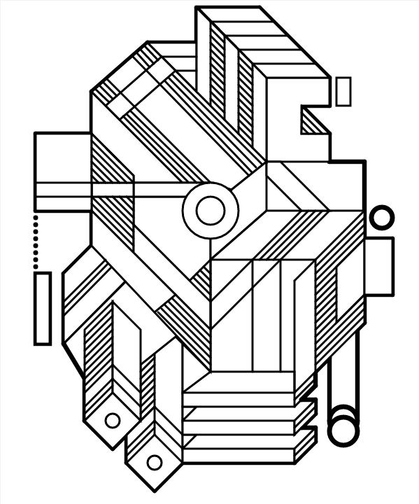 A black and white image of various geometric shapes combining to form optical illusions of "impossible" 3D geometry.