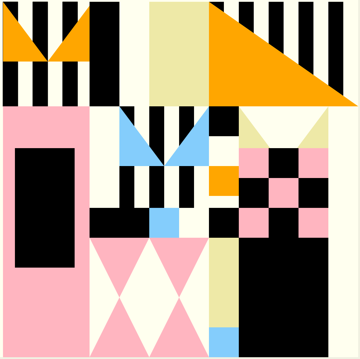 A mosaic-style image of black, white, pink, yellow, and blue squares and triangles forming various geometric patterns.