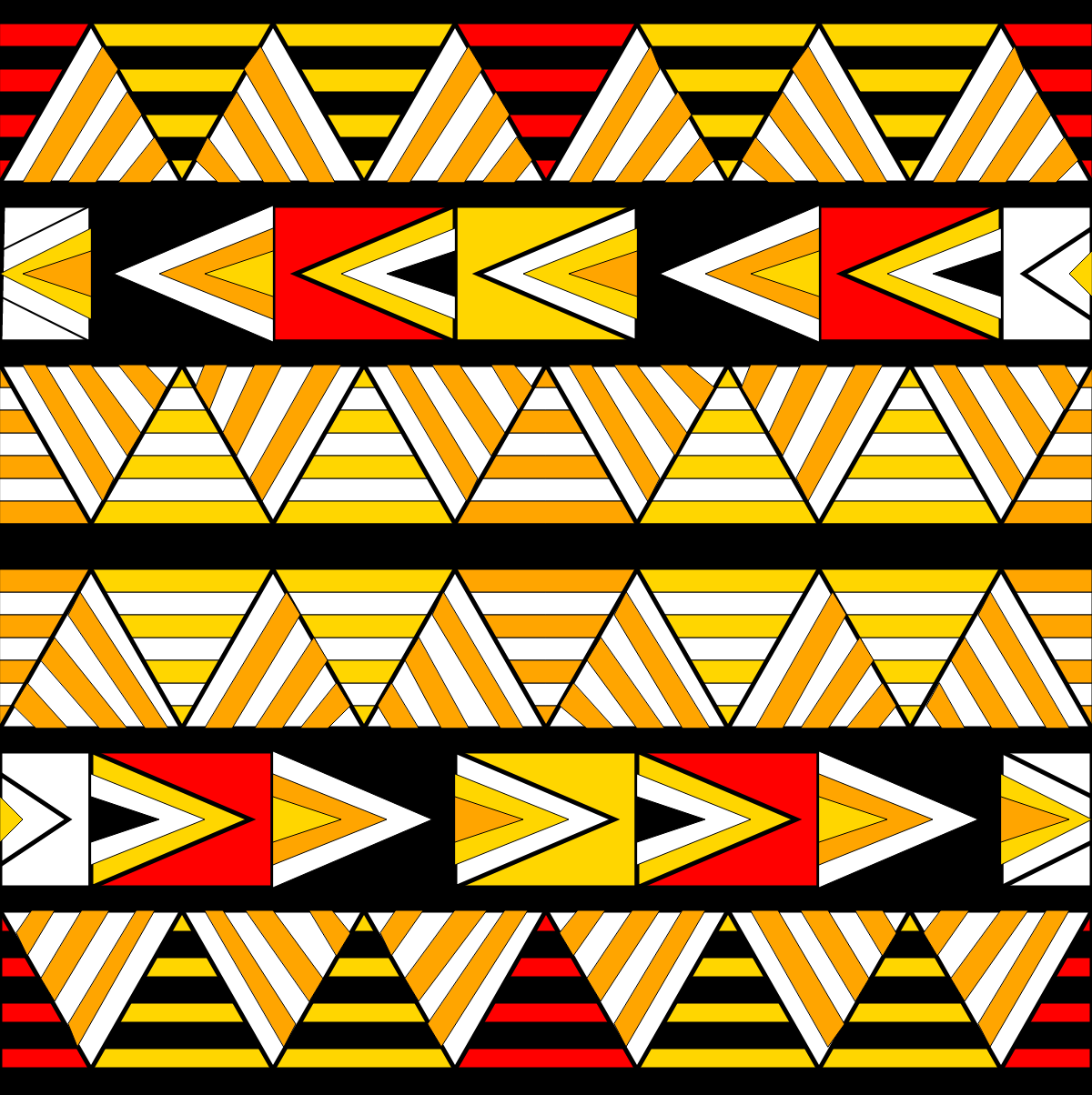 A pattern with lots of triangles of different colors forming stripes on a black background.