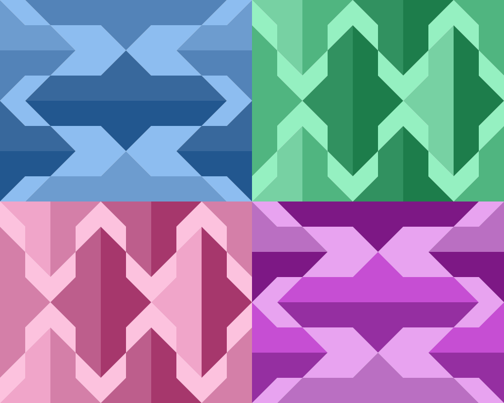 Four pictures consisting of different shapes with different colors such as blue, green, pink, and purple.