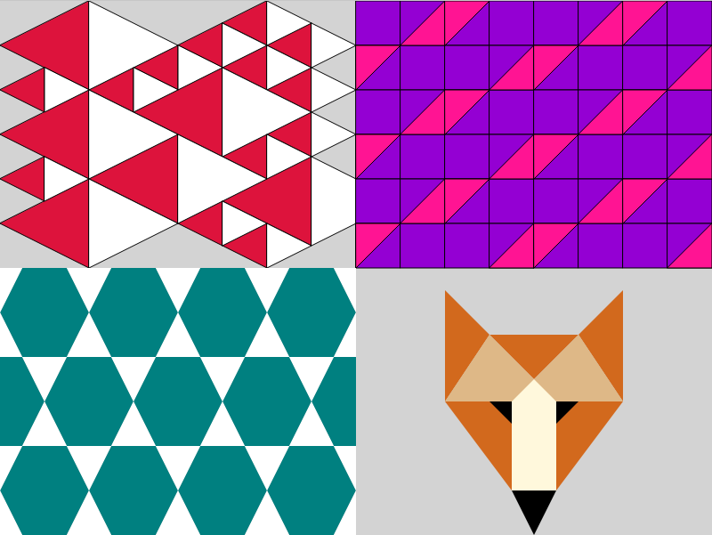 Four squares where each square has a different pattern. One is made of triangles, one of squares, one of triangles and hexagons, and one is a picture of a fox.