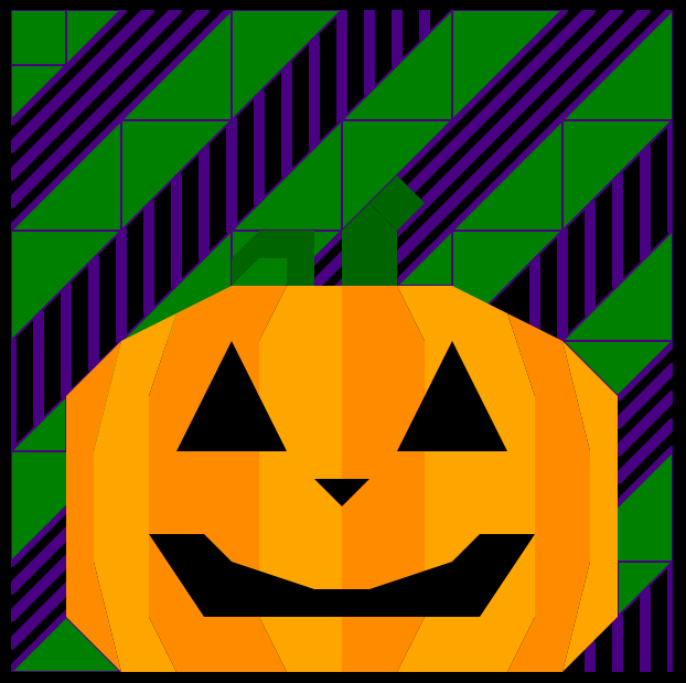 A jack-o-lantern on a green and purple background.