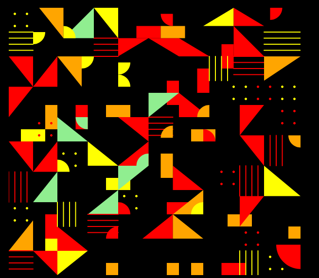 neon geometric shapes on a black background forming a pattern that is reminiscent of retro games.